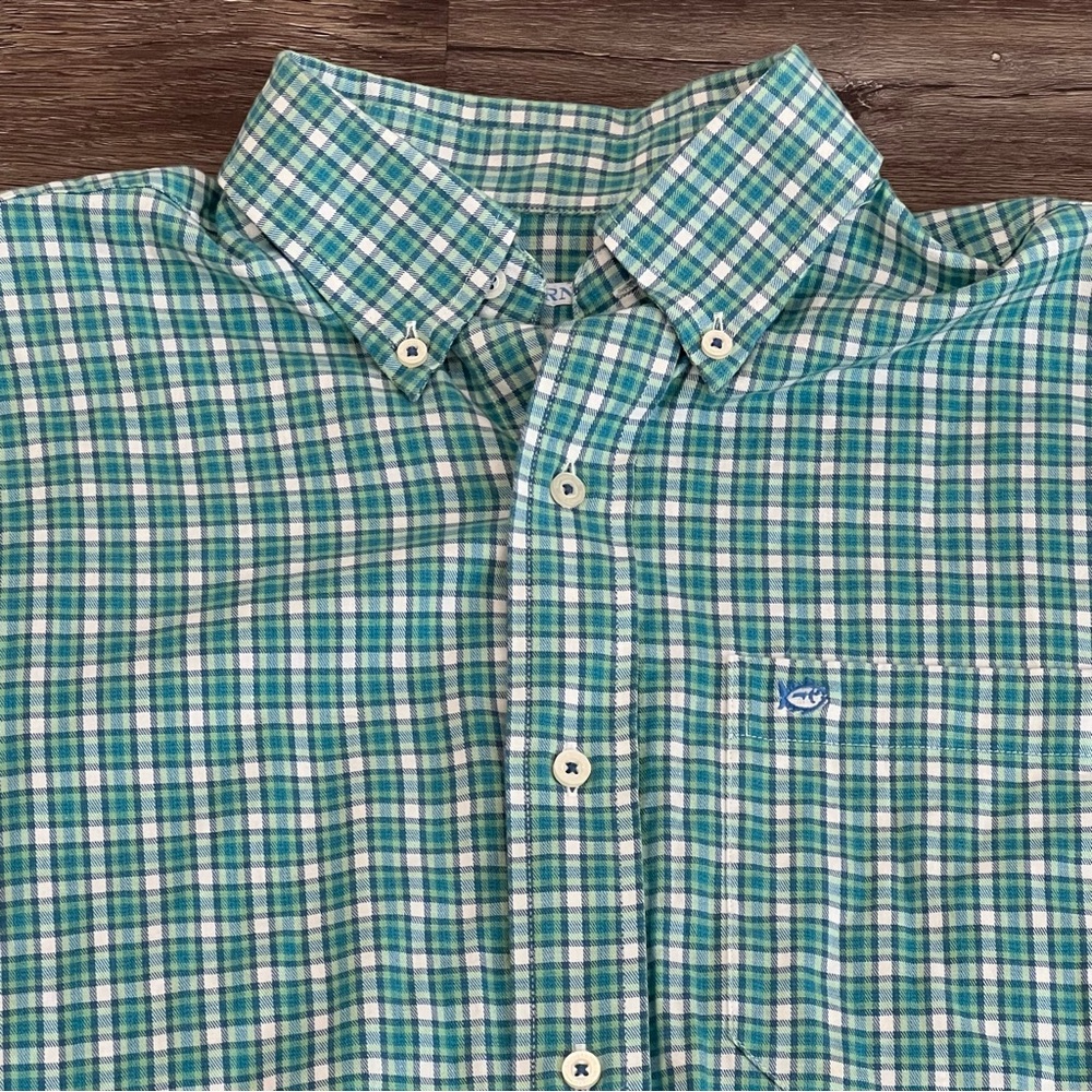 Southern Tide Green, Blue Long Sleeve Button Down Polo Shirt